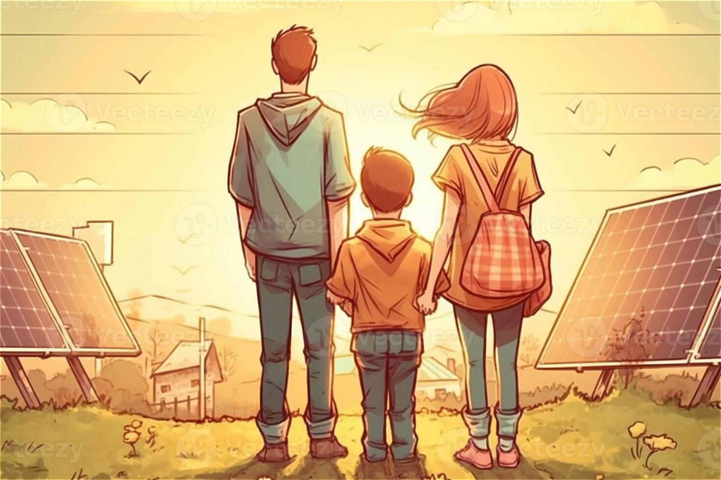 Cartoon illustration of family and solar panels house. . photo