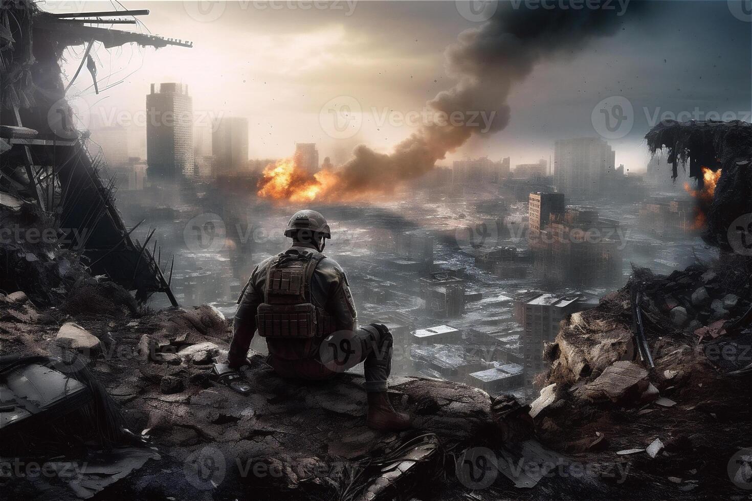 soldado sentar y mira a ruina ciudad a guerra. generativo ai. foto