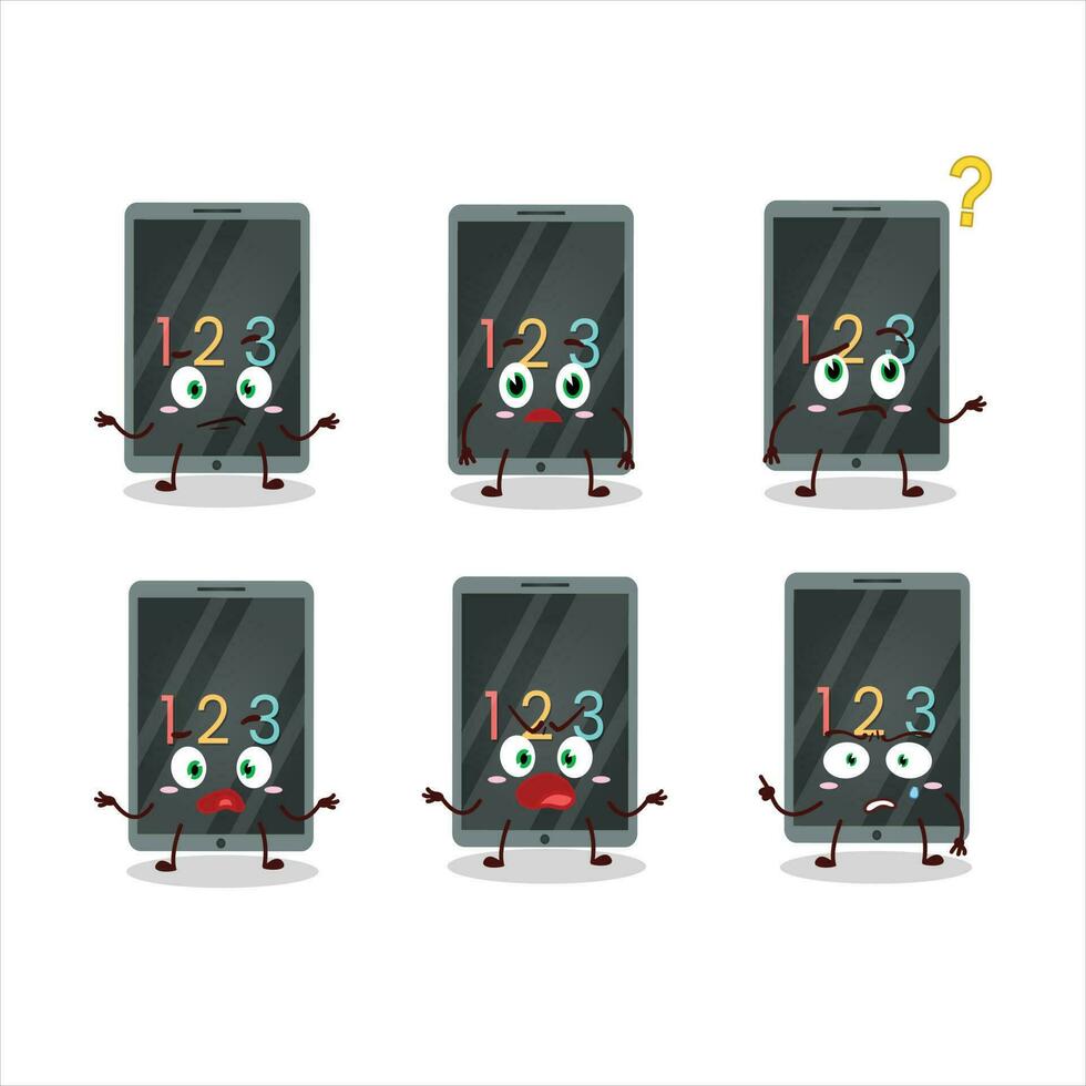 Cartoon character of numeric on tablet with what expression vector