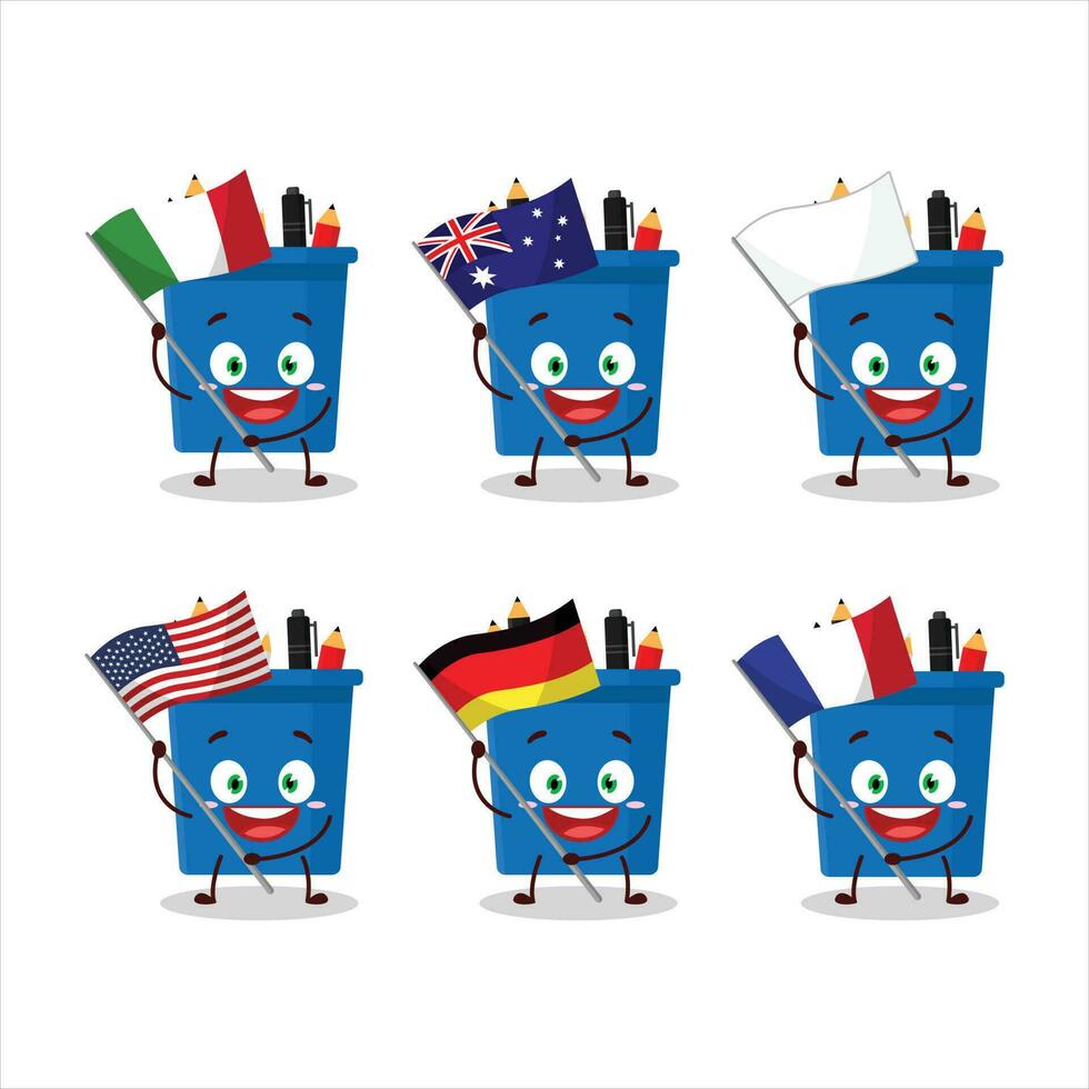 oficina lápiz estar dibujos animados personaje traer el banderas de varios países vector