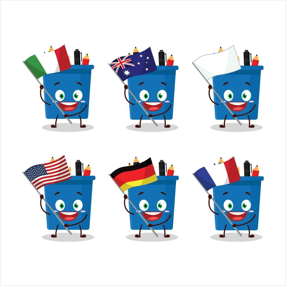 Office pencil stand cartoon character bring the flags of various countries vector