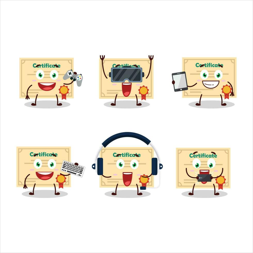 Certificate paper cartoon character are playing games with various cute emoticons vector