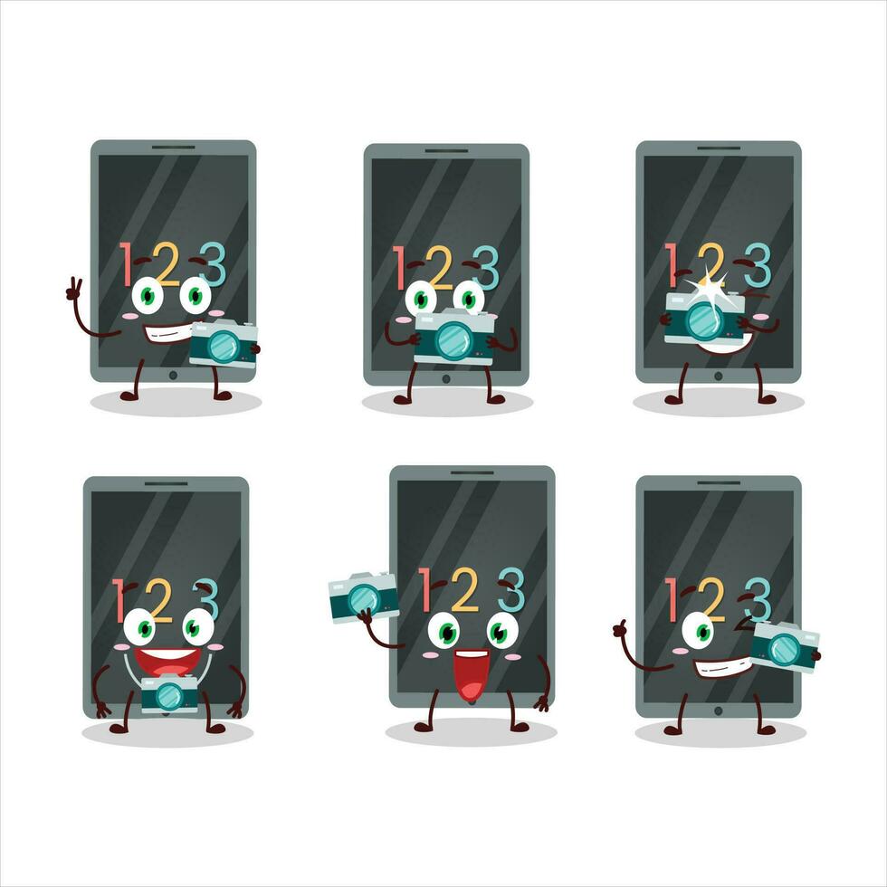 Photographer profession emoticon with numeric on tablet cartoon character vector
