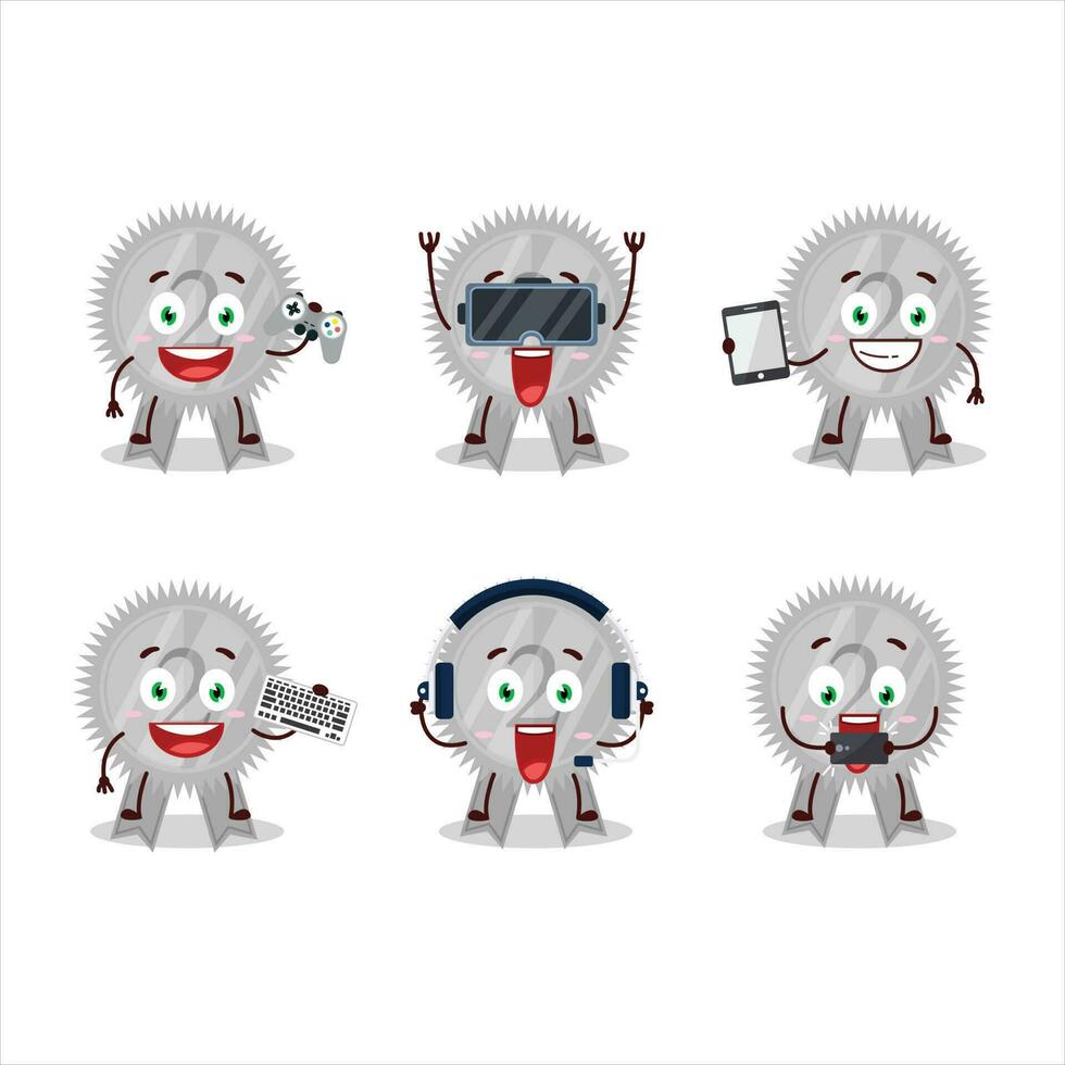 Silver medals ribbon cartoon character are playing games with various cute emoticons vector