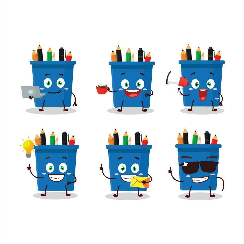 Office pencil stand cartoon character with various types of business emoticons vector