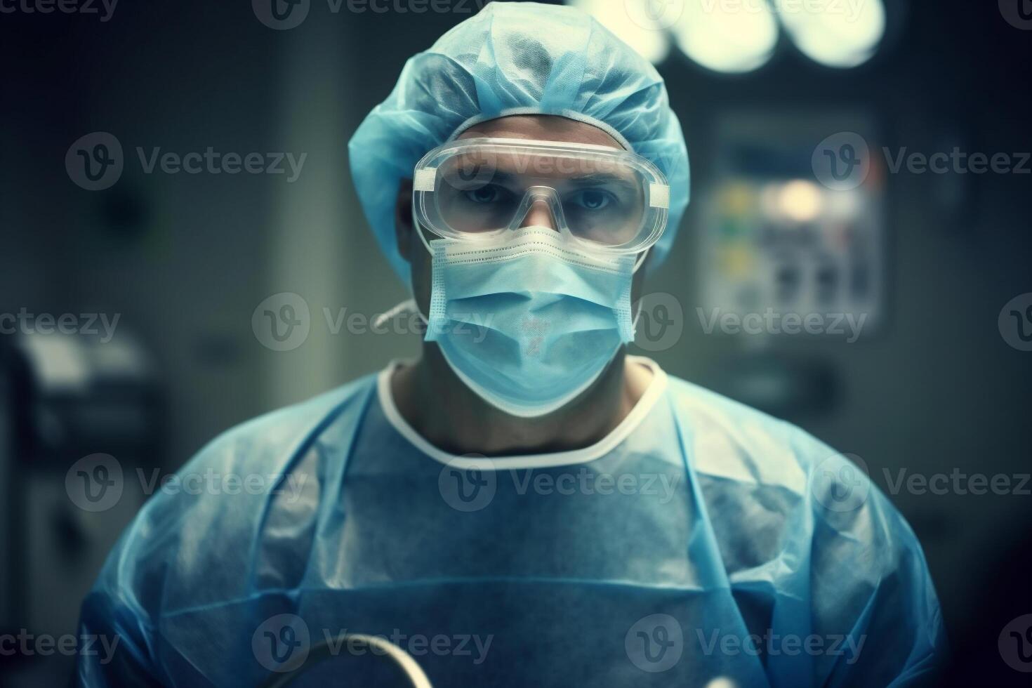 cerca arriba de masculino médico en protector facial máscara y lentes. generativo ai. foto