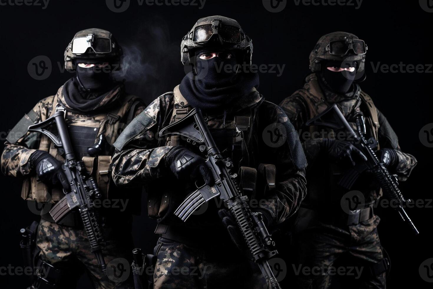 Portrait of three military men. A group of soldiers on black background. War operations, special forces. . photo