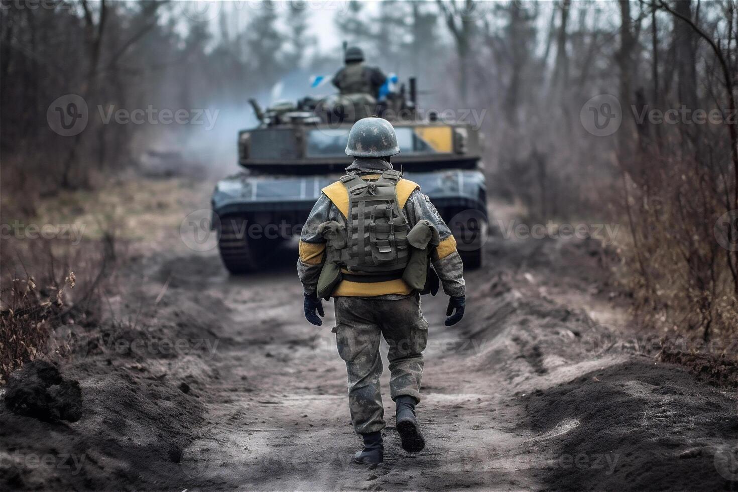 espalda de soldado en contra tanque. especial efectivo guerra operación. generativo ai. foto