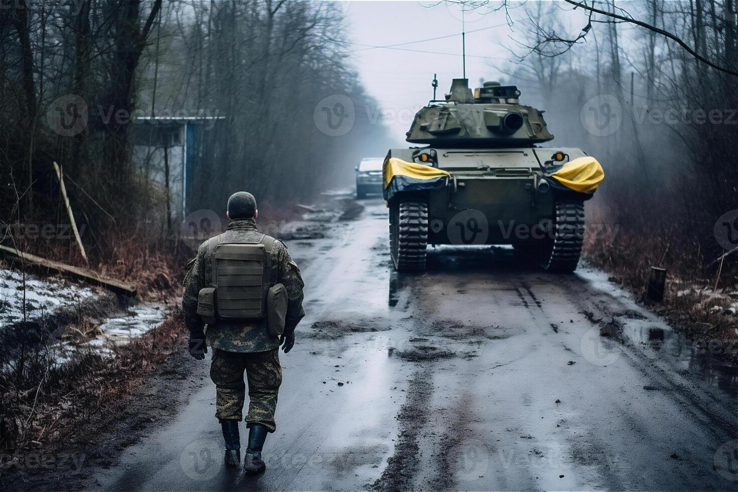 Back of soldier against tank with Ukrainian flags. Ukraine war operation. . photo