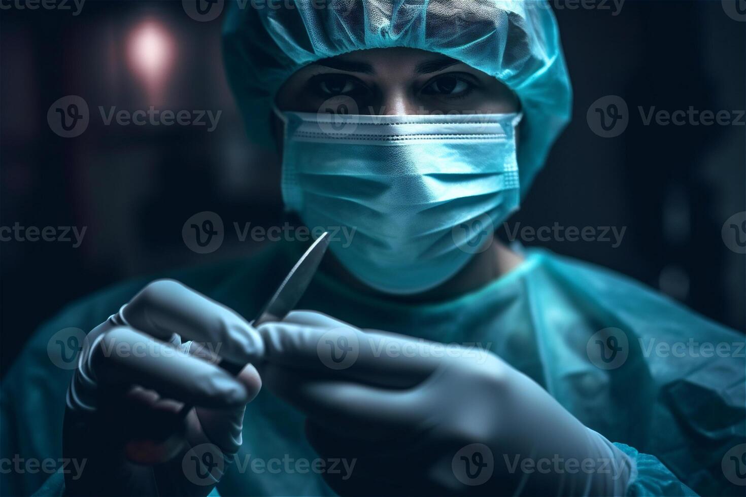 Surgeon woman holds a scalpel in an operating room. Surgical operations. . photo