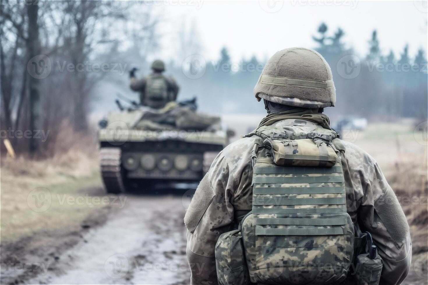 Back of soldier against tank. Special forces war operation. . photo