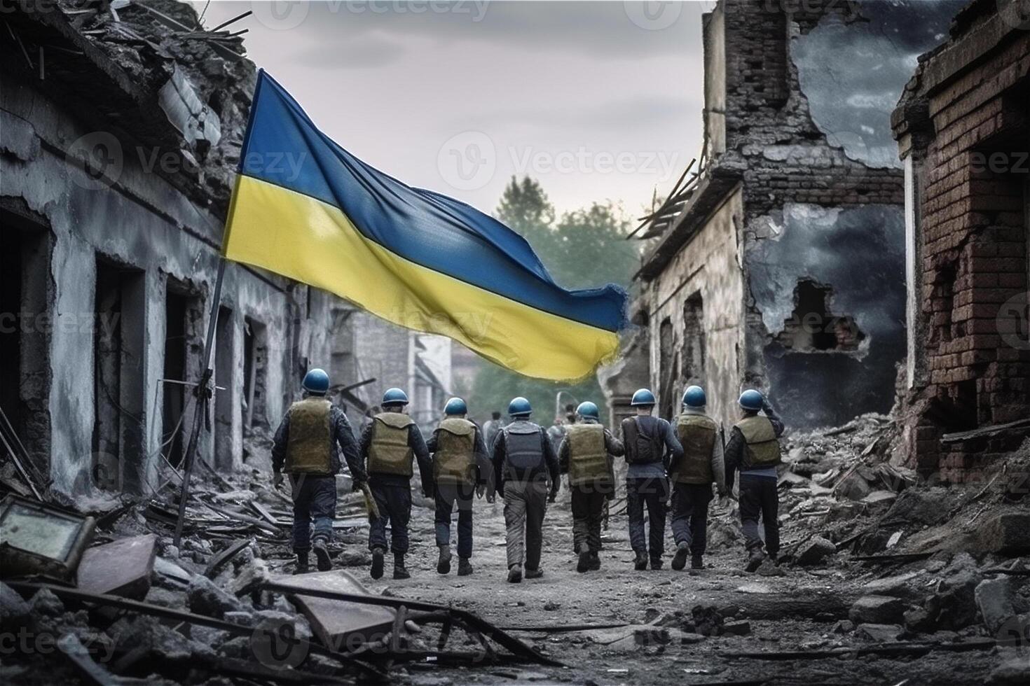 espalda de grupo soldados en azul cascos con ucranio banderas en liberado restos ciudad. guerra en Ucrania, victoria concepto. generativo ai. foto