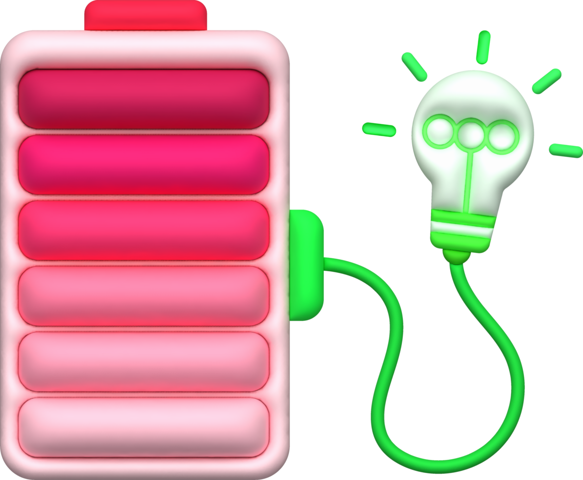 illustration 3D. Battery icon with charge level indicator and glowing bulb. minimalist cartoon style png