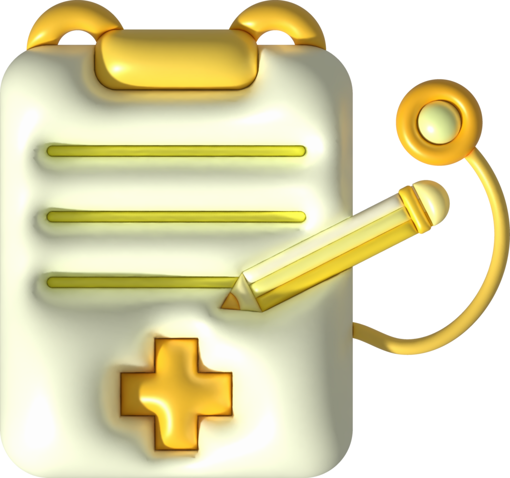 illustration 3d. checklist or patient history with stethoscope. Icon of patient treatment diagnosis information. png
