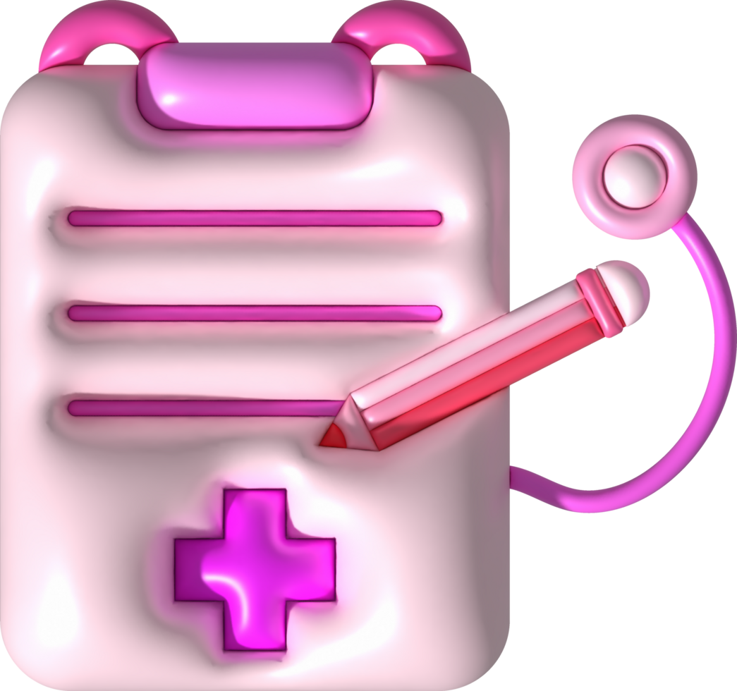 illustration 3d. checklist or patient history with stethoscope. Icon of patient treatment diagnosis information. png