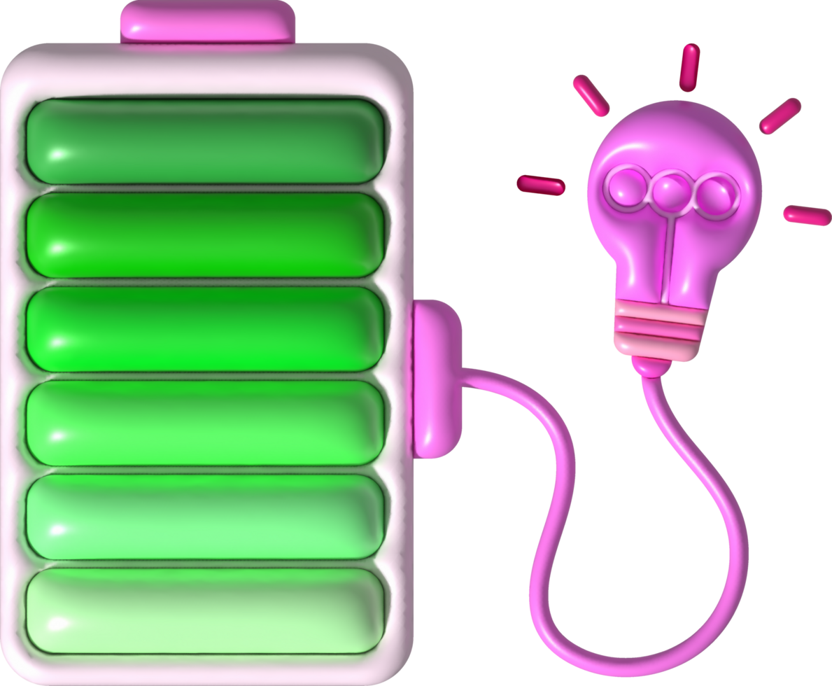 illustration 3D. Battery icon with charge level indicator and glowing bulb. minimalist cartoon style png