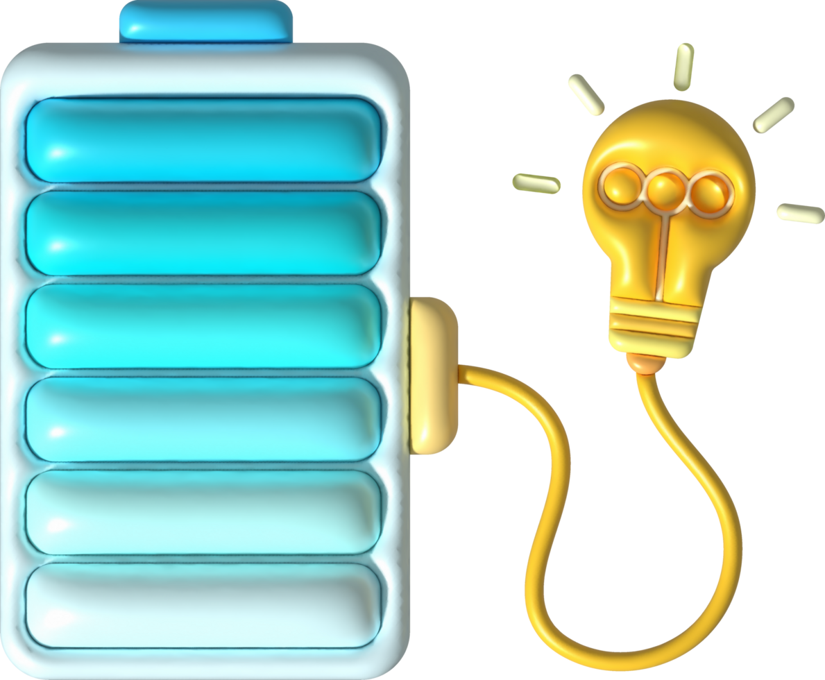 illustration 3D. Battery icon with charge level indicator and glowing bulb. minimalist cartoon style png