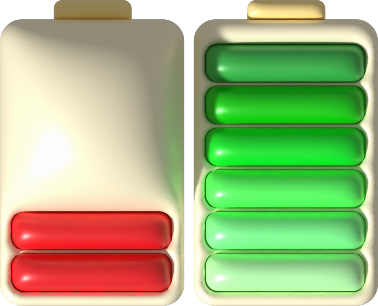 illustration 3D. Battery power with charge level indicator. electrical energy accumulator minimalist cartoon style png