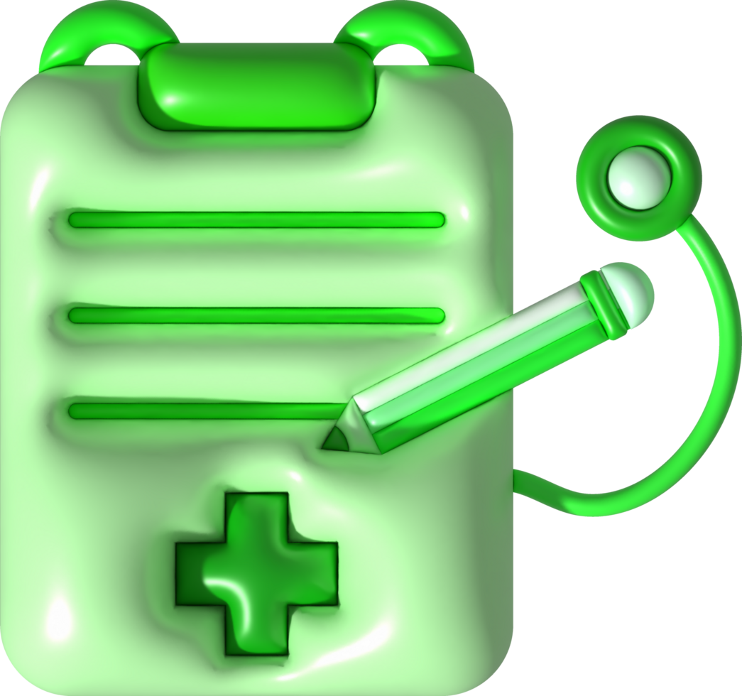 illustration 3d. liste de contrôle ou patient histoire avec stéthoscope. icône de patient traitement diagnostic information. png