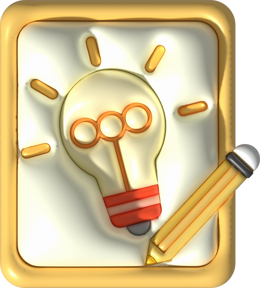 illustration 3D. A pen to write a light bulb on a notebook. work idea concept png