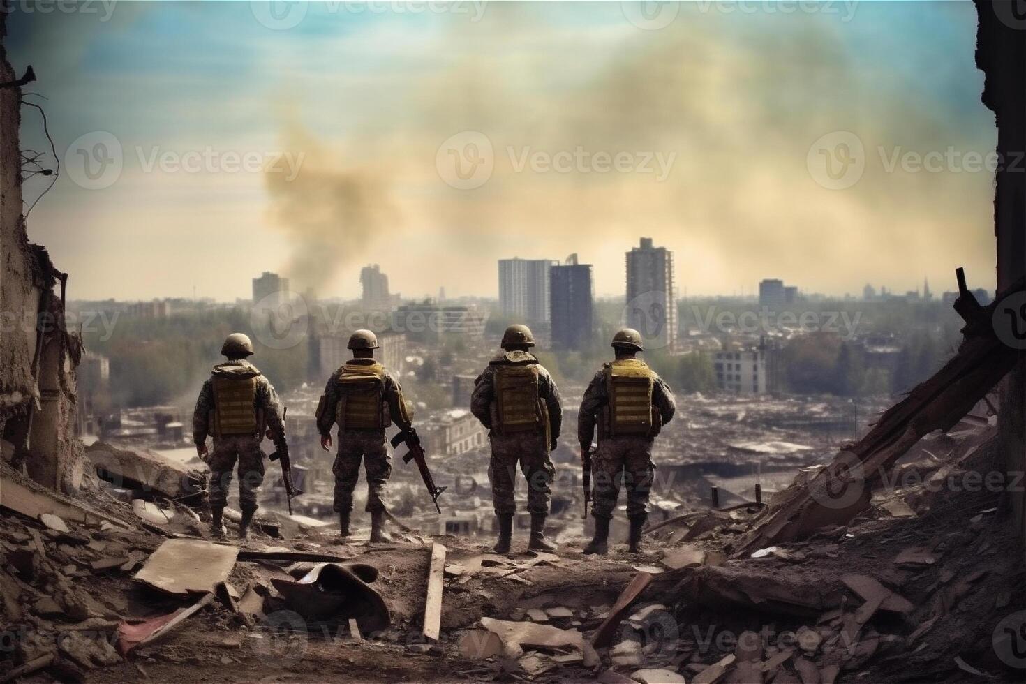 Four military men. A group of soldiers on a background city. War operations. . photo