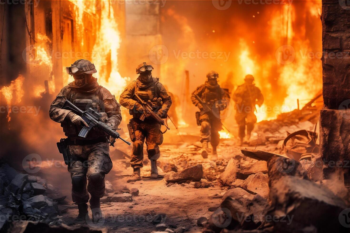 Four military men run in burning city. A group of soldiers on a background of fire in ruin. War operations, special forces. . photo