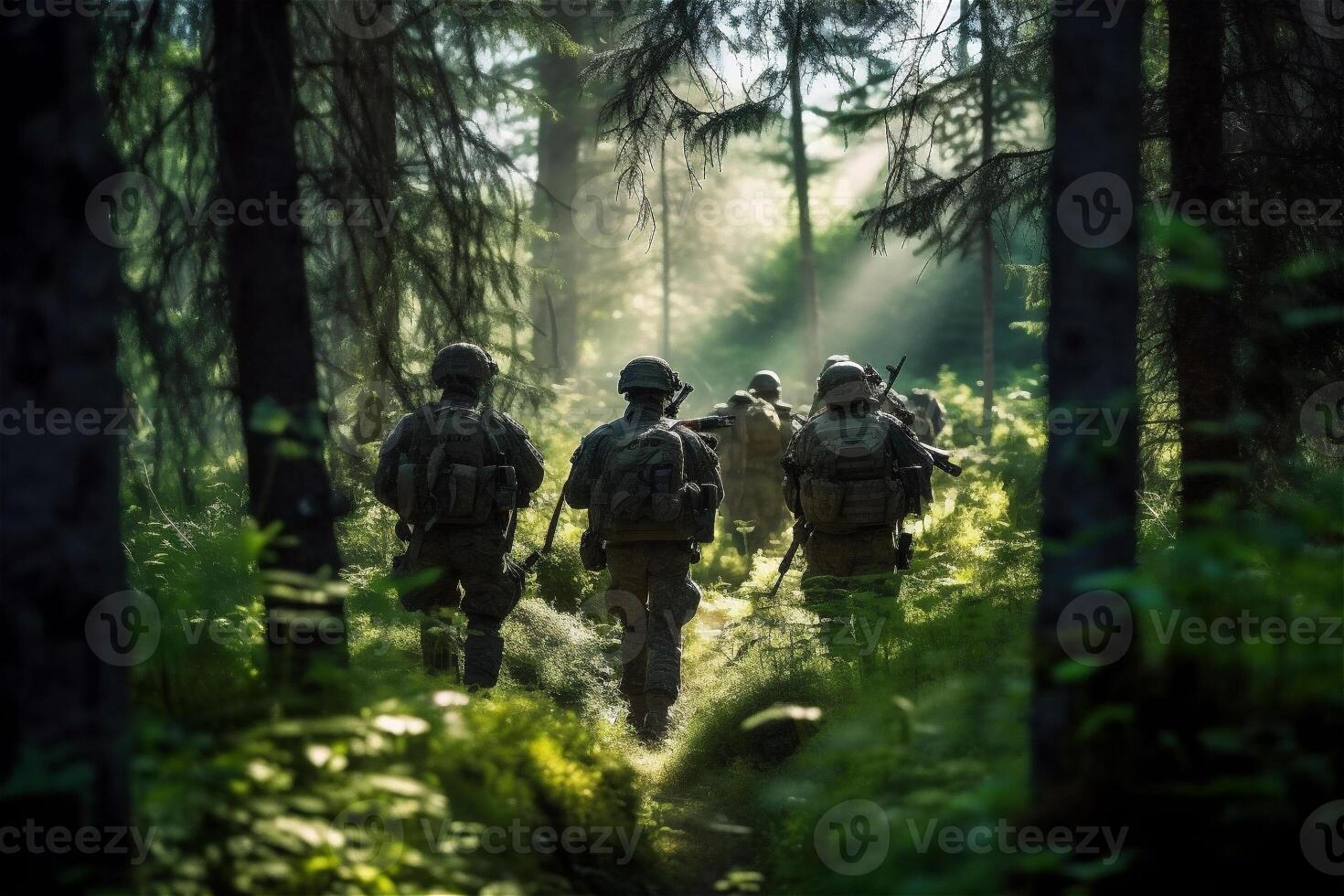 Back of group soldiers in deep forest. Special forces war operation. . photo