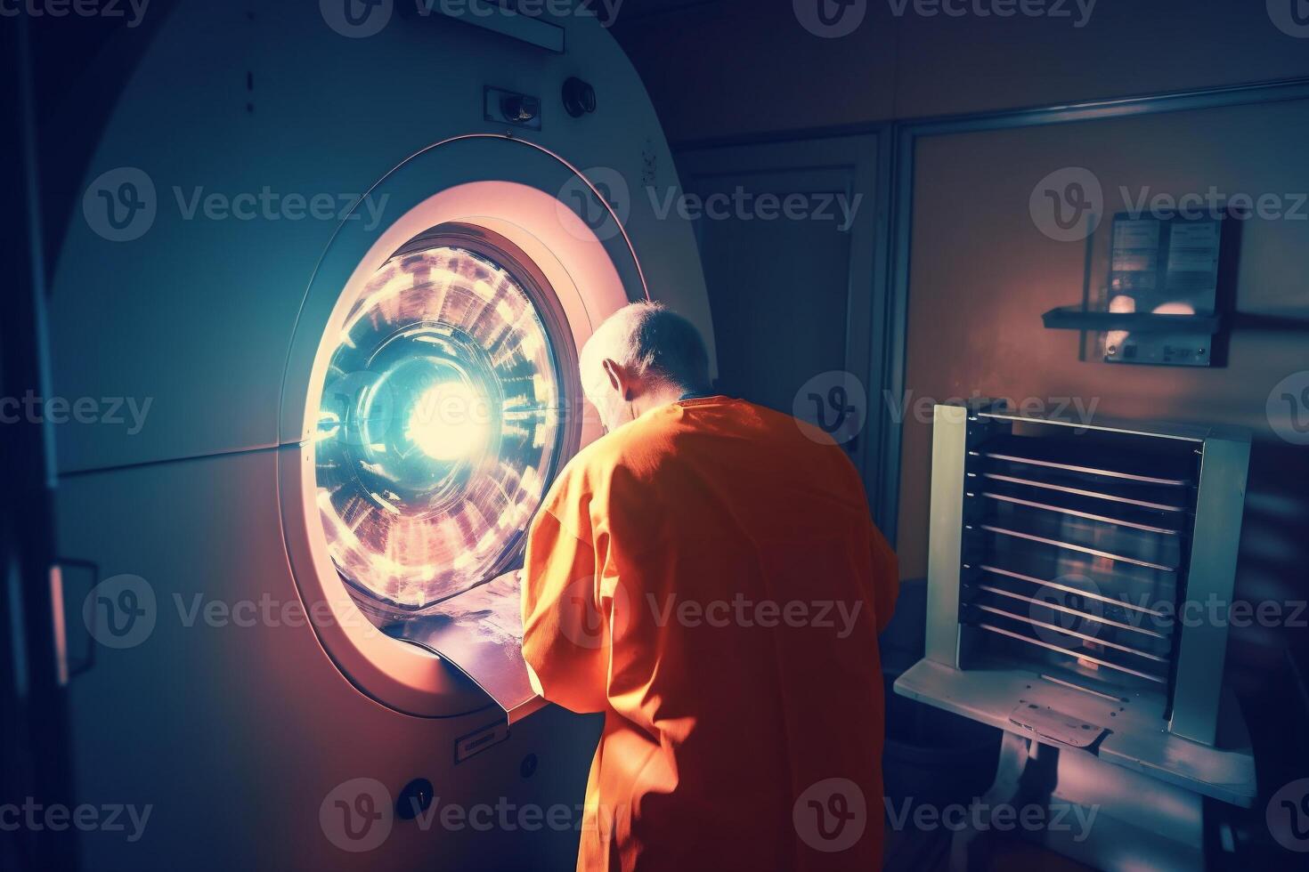 Old doctor stand near futuristic MRI scan in hospital. . photo