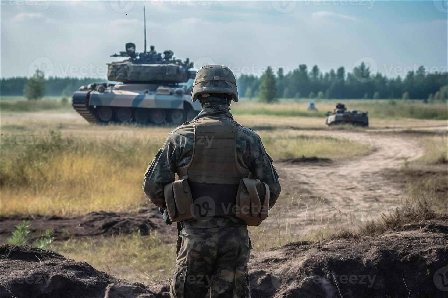 Back of soldier against tank training. Special forces war operation. . photo