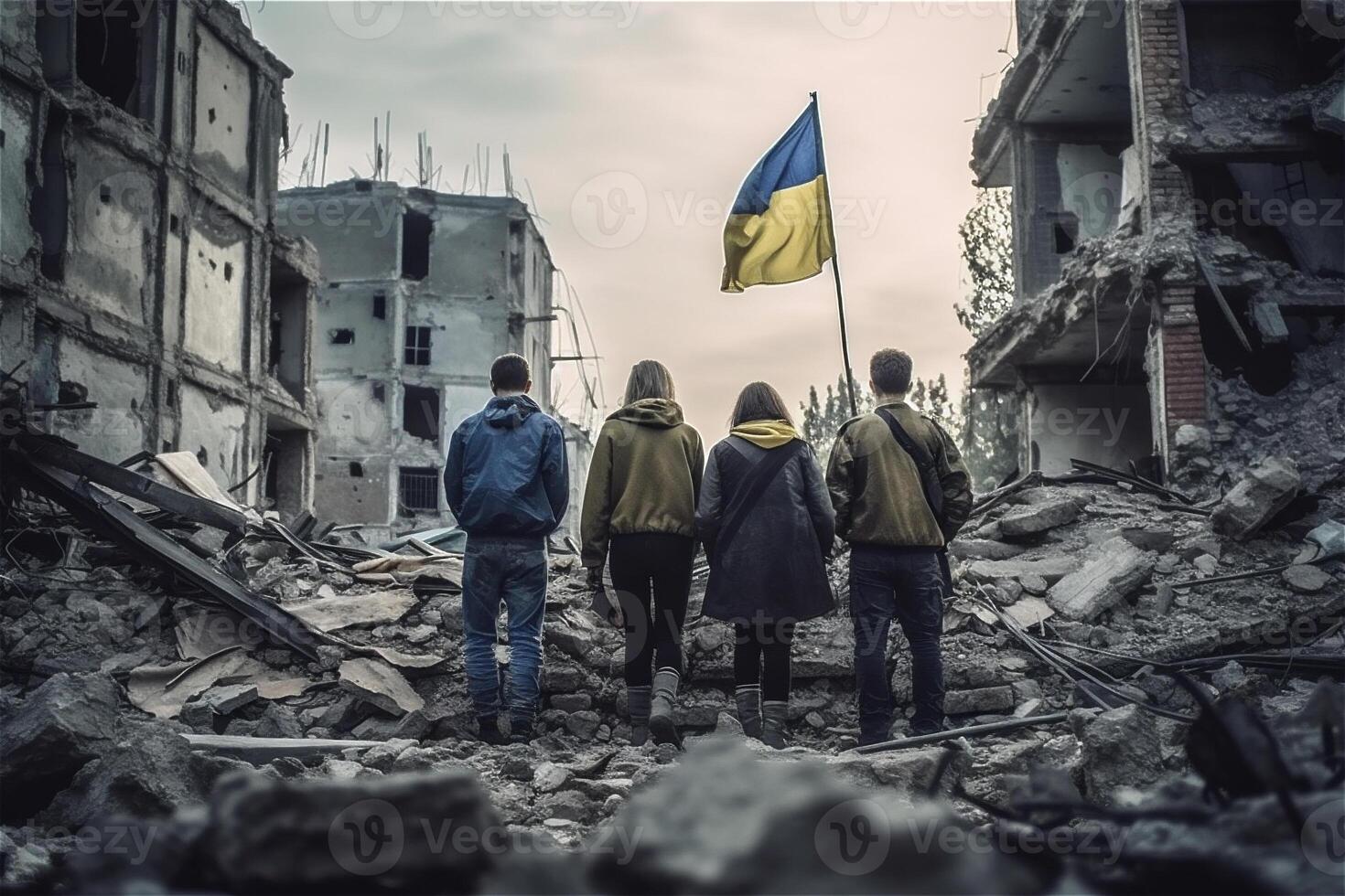 Back of group people with Ukrainian flags on liberated ruins city. War in Ukraine, victory concept. . photo