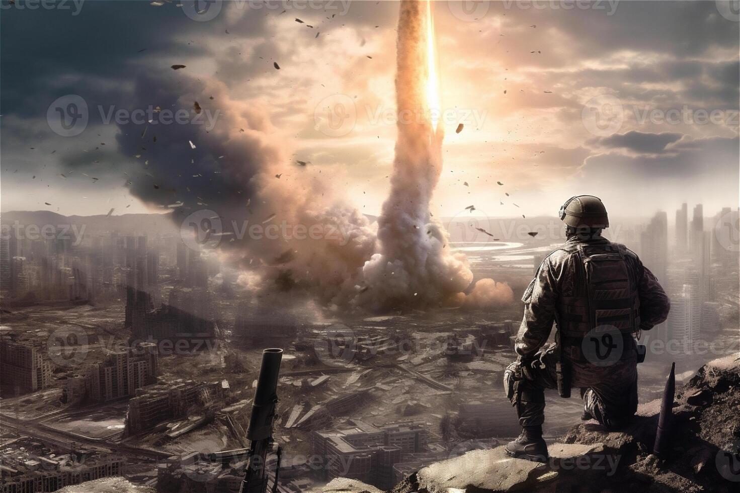 Soldier looks at a missile launch in ruin city at war. . photo