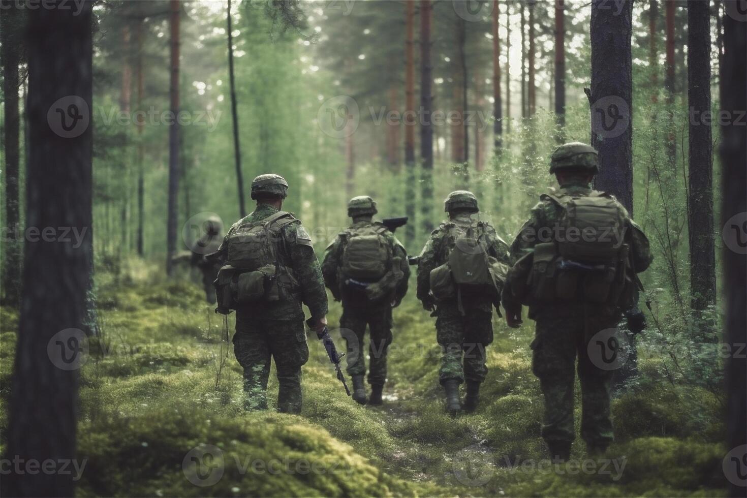 Back of group soldiers in deep forest. Special forces war operation. . photo