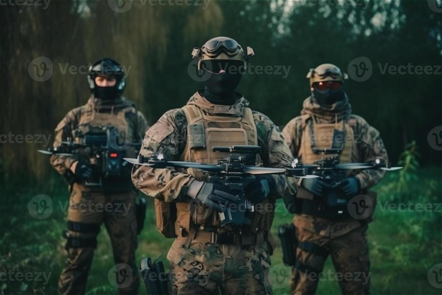 Portrait of three soldier hold drones at hands. . photo