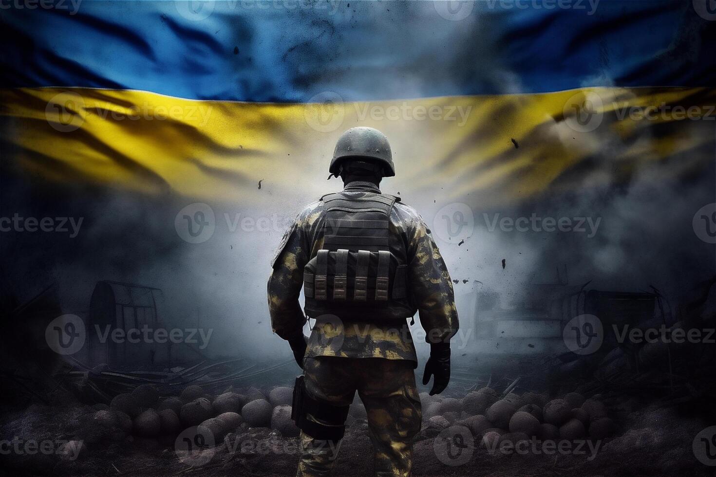 espalda de soldado en contra ucranio bandera en arruinado ciudad. guerra en Ucrania concepto. generativo ai. foto