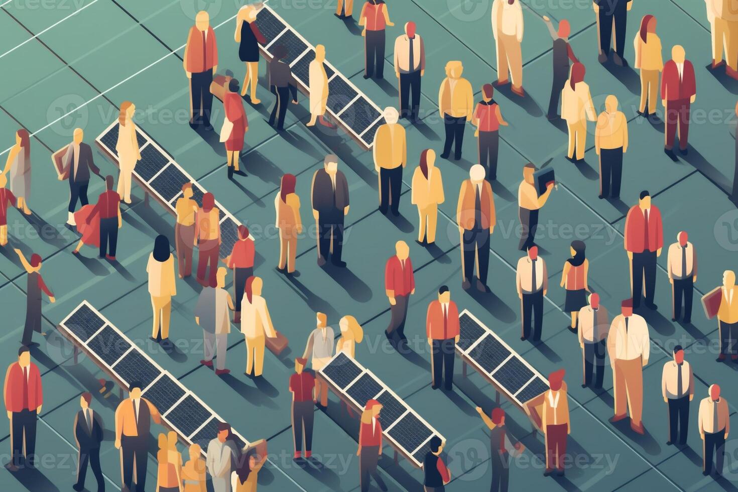 Illustration of crowd peoples and solar panels. . photo