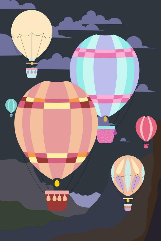grande volador globos para volador en el cielo, noche vuelo, noche paisaje, vector ilustración, póster, cartel, para diseño