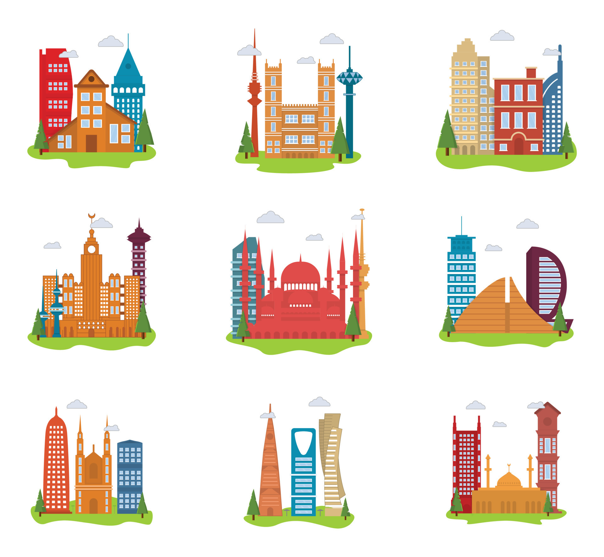 Vector illustrations of flat style cartoon architecture with