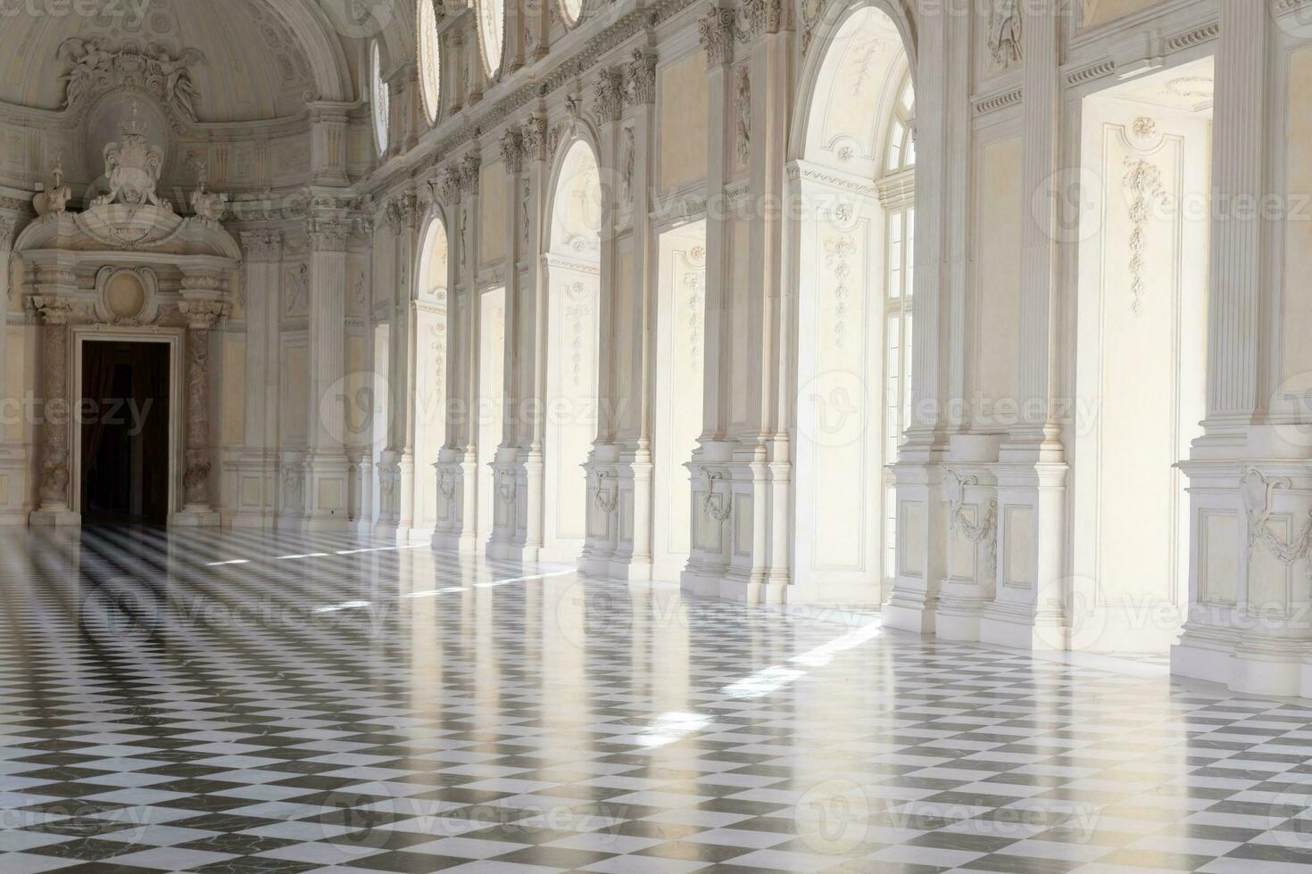 Reggia di Venaria Reale, Italy - corridor perspective, luxury marble, gallery and windows - Royal palace photo