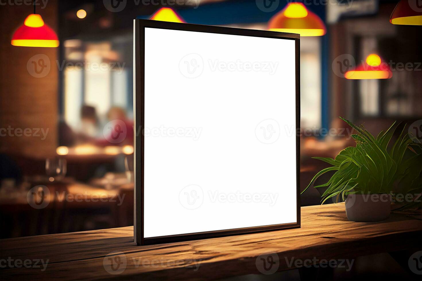 Mockup label, blank menu frame in Bar restaurant. Stand for booklets with white sheets paper on wooden table cafeteria photo