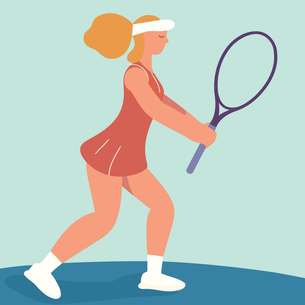 rubia blanco mujer jugando tenis con raqueta vector