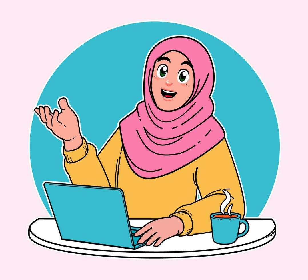 hijab mujer, mujer trabajando en un computadora portátil, un taza de caliente café vector