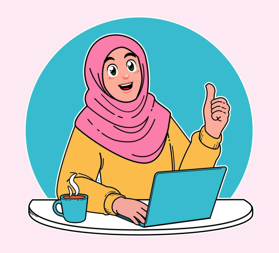 hijab woman, woman working on a laptop, a cup of hot coffee vector