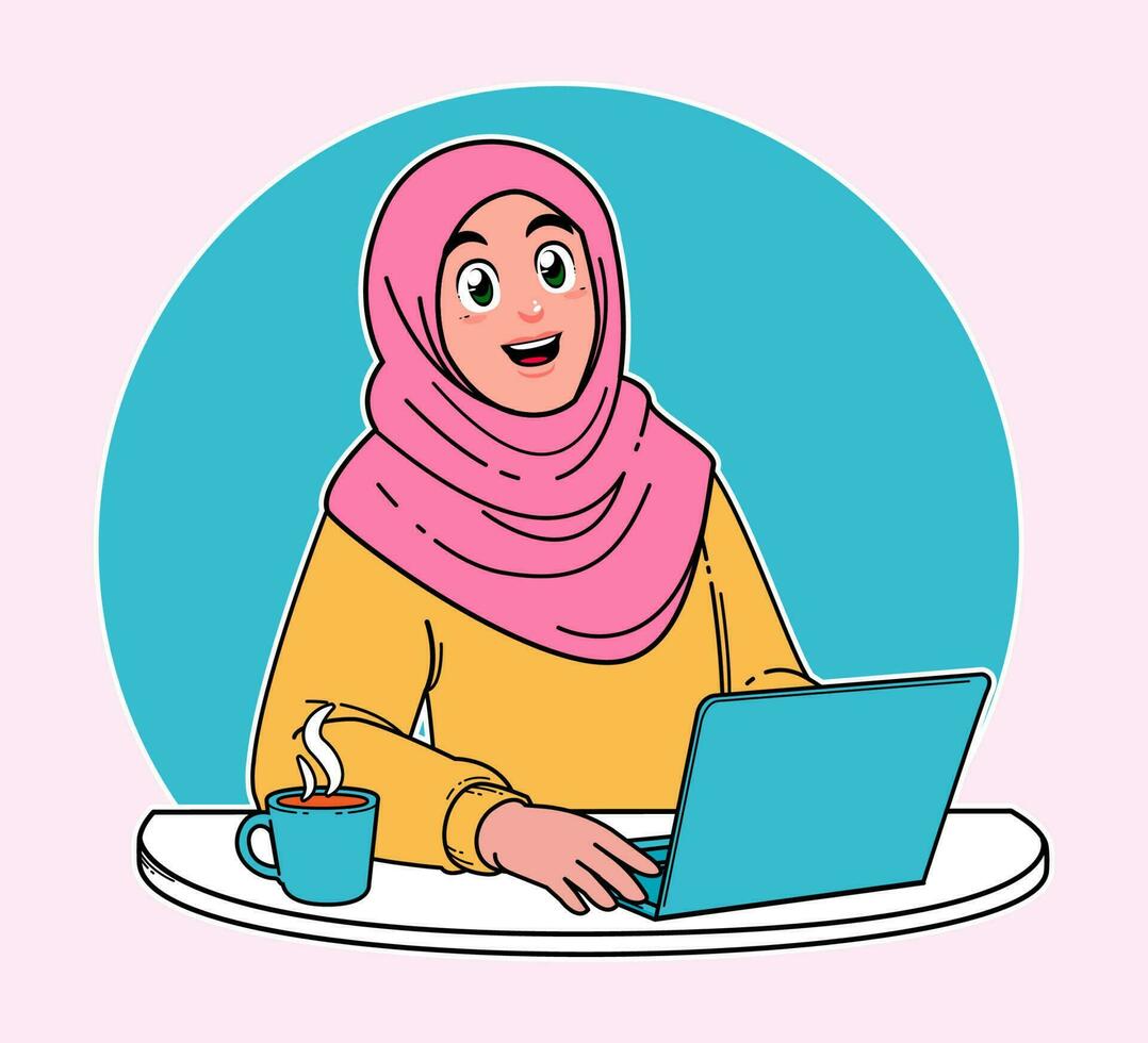 hijab mujer, mujer trabajando en un computadora portátil, un taza de caliente café vector