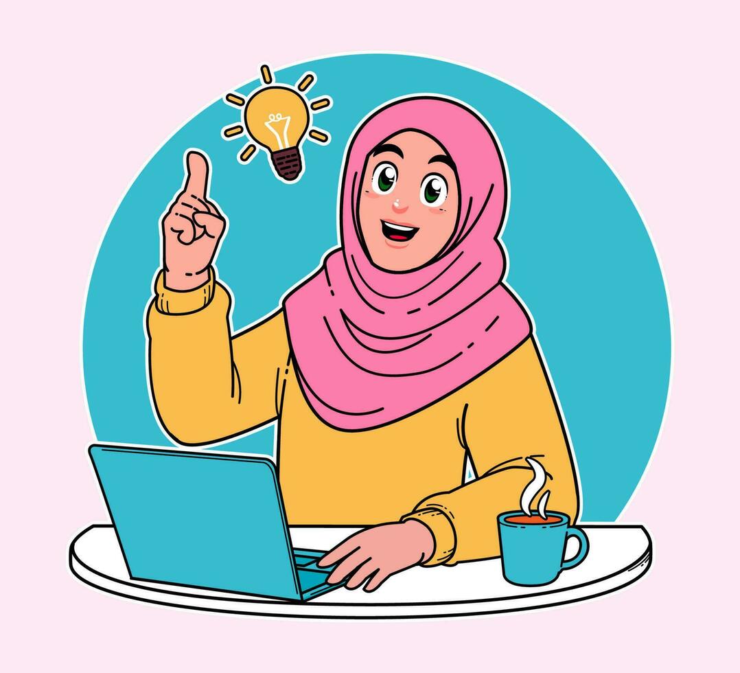 hijab woman, woman working on a laptop, working on implementing new ideas at work, a cup of hot coffee vector