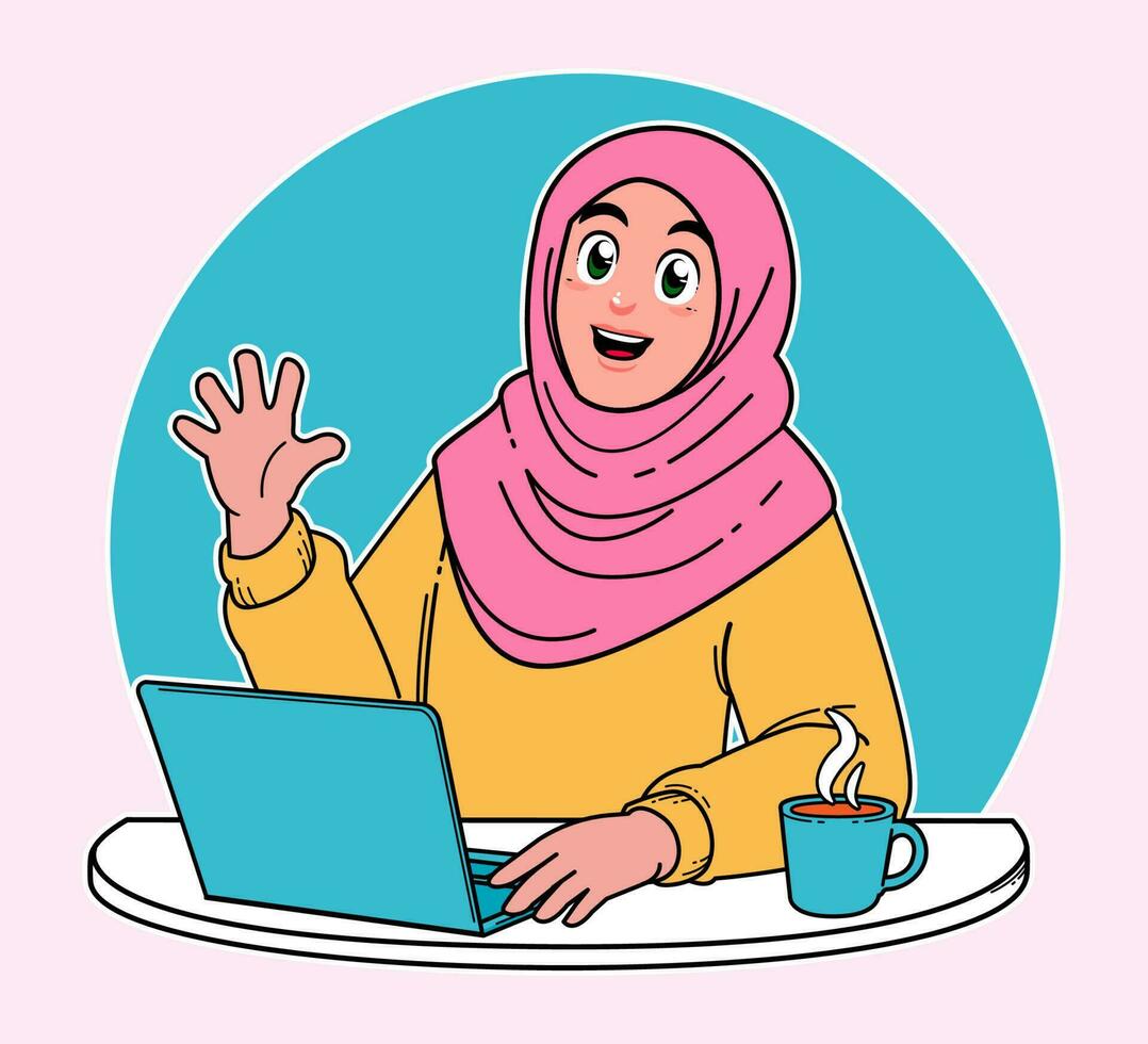 hijab mujer, mujer trabajando en un computadora portátil, un taza de caliente café vector