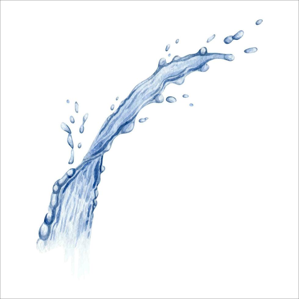 Transparent blue water splashes and wave with drops. Liquid splashing, fluid with droplets. Watercolor illustration. Isolated. vector