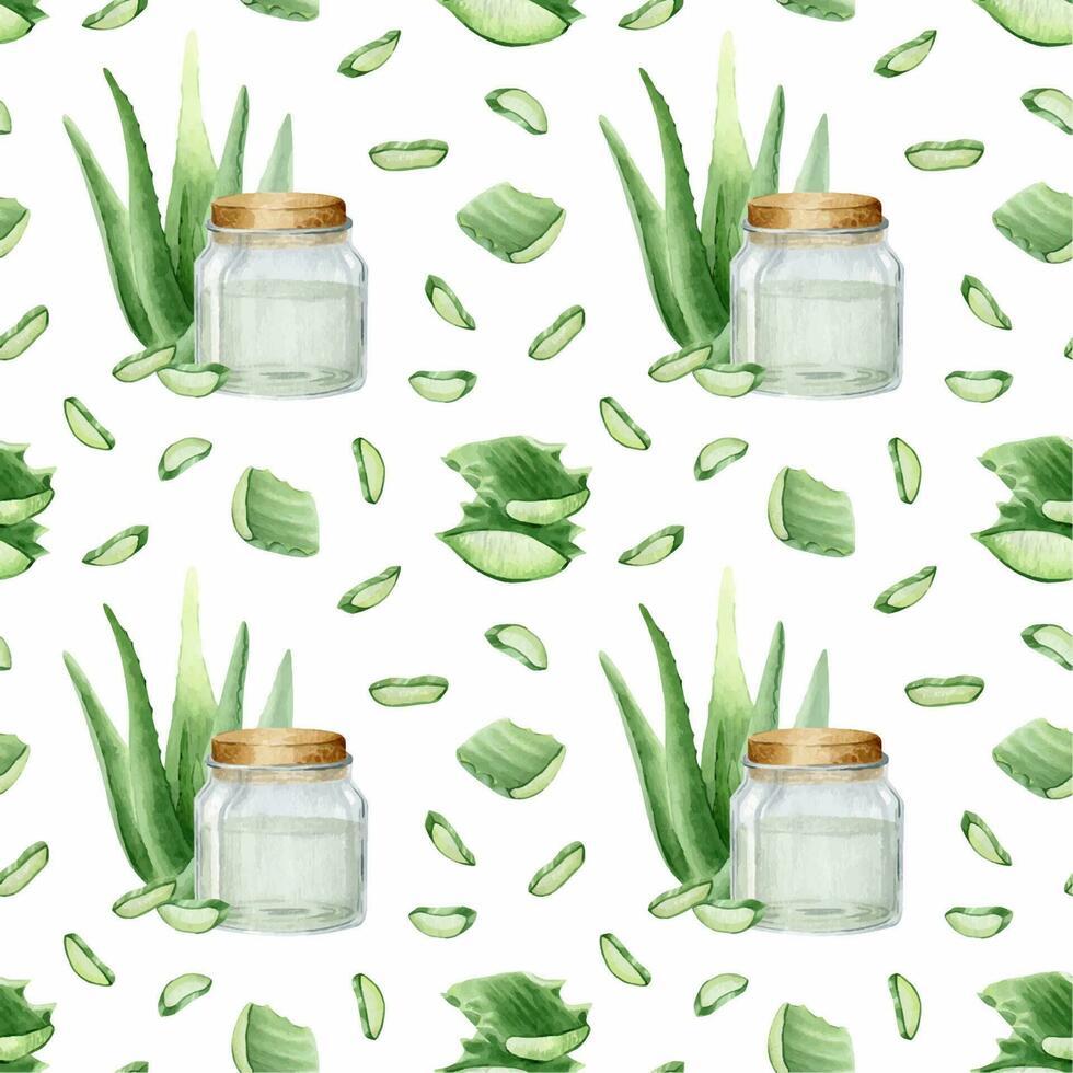 Aloe vera plant, slices, pulp, aloe leaves and a glass jar with aloe juice. Watercolor seamless pattern on a white background. For packaging cosmetics, scrapbooking, wrapping paper vector