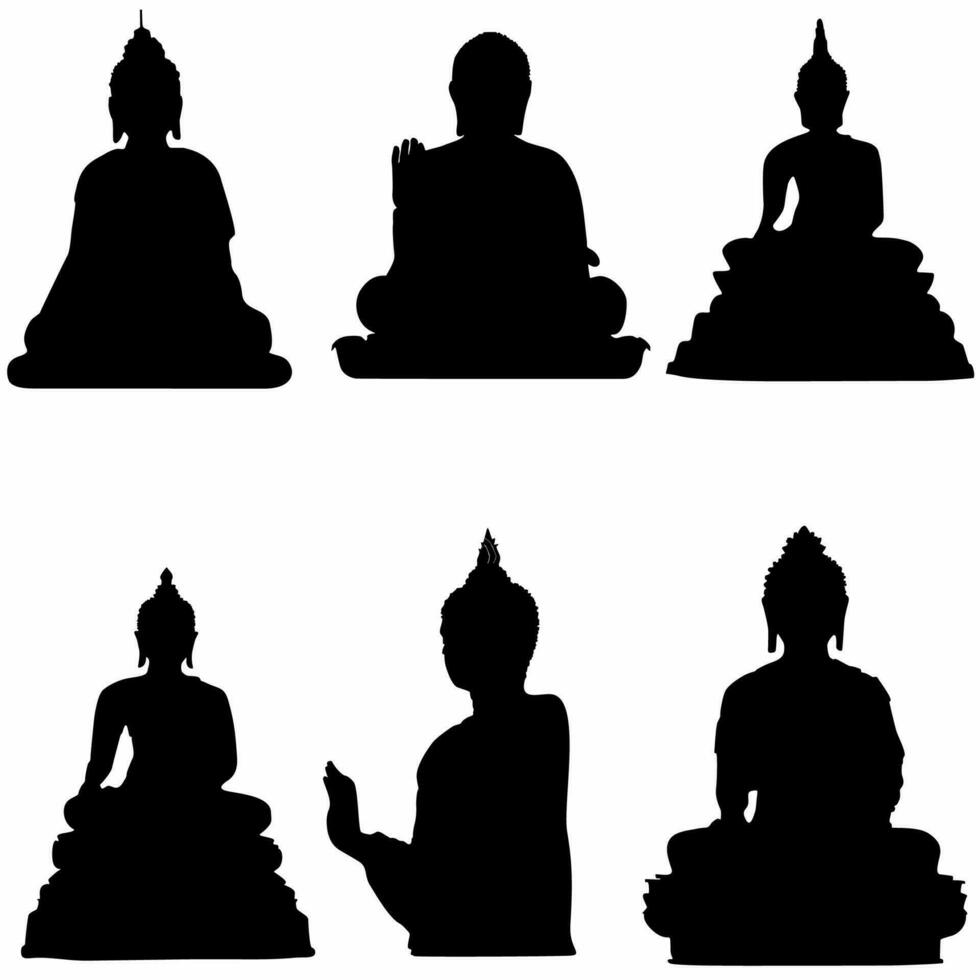 set of buddha statues, silhouettes, white background vector