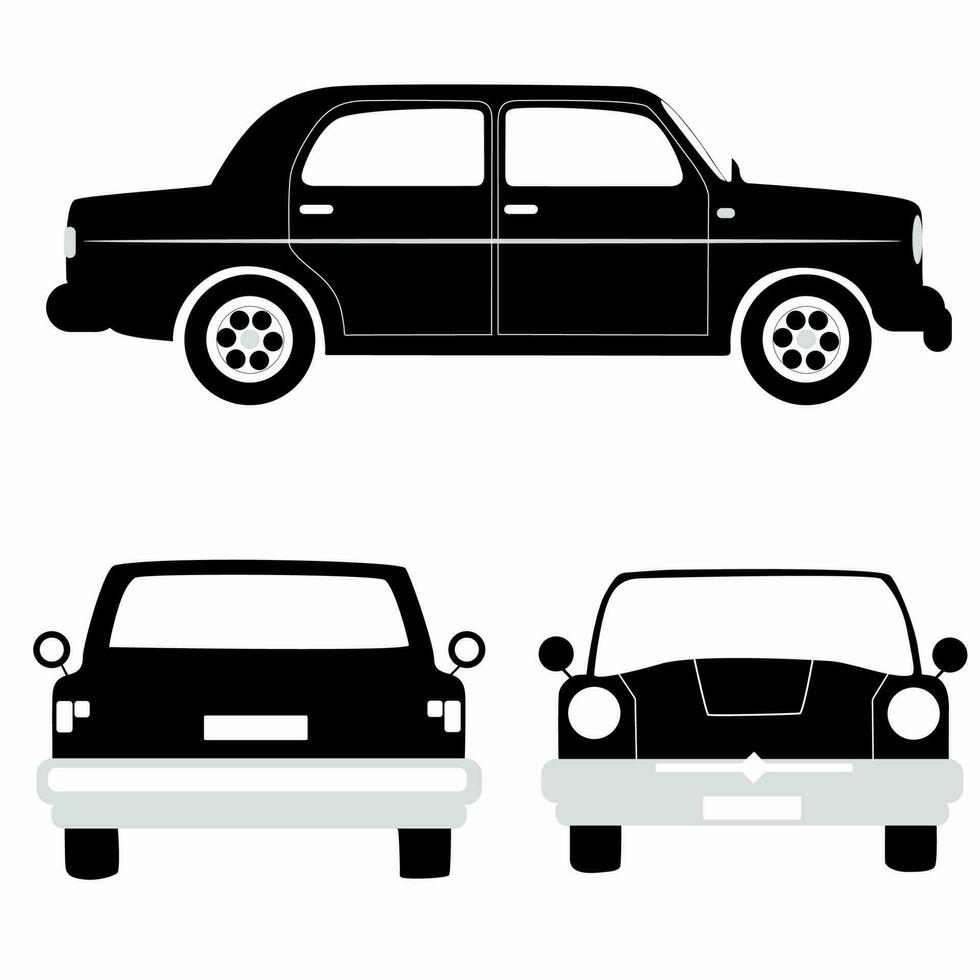 Car silhouette on white background. Vehicle icons set the view from side, front, rear and top, car retro vector