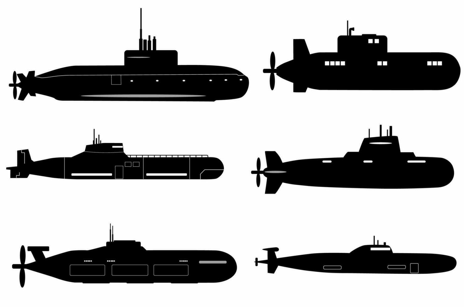 Submarine black silhouette set. Isolated on a white background. logos, icons vector